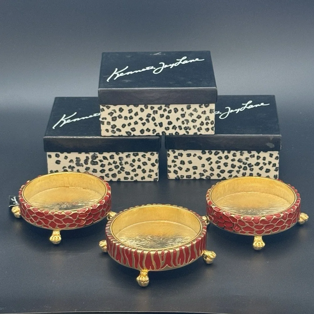Kenneth Jay Lane Set 3 Red Enamel Gold Coasters Trinket Dishes W Boxes KJL Heavy